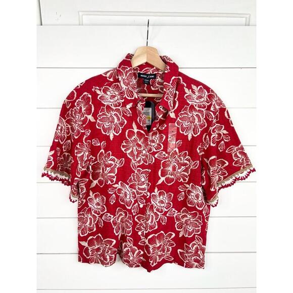 Nautica Jeans Red Floral Print Lace Trim Siesta Key Beach Shirt Size M - Picture 2 of 13
